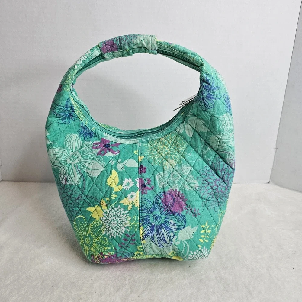 Tupperware Lunch Bag Zipper Hobo Style Green Floral Vintage Quilted